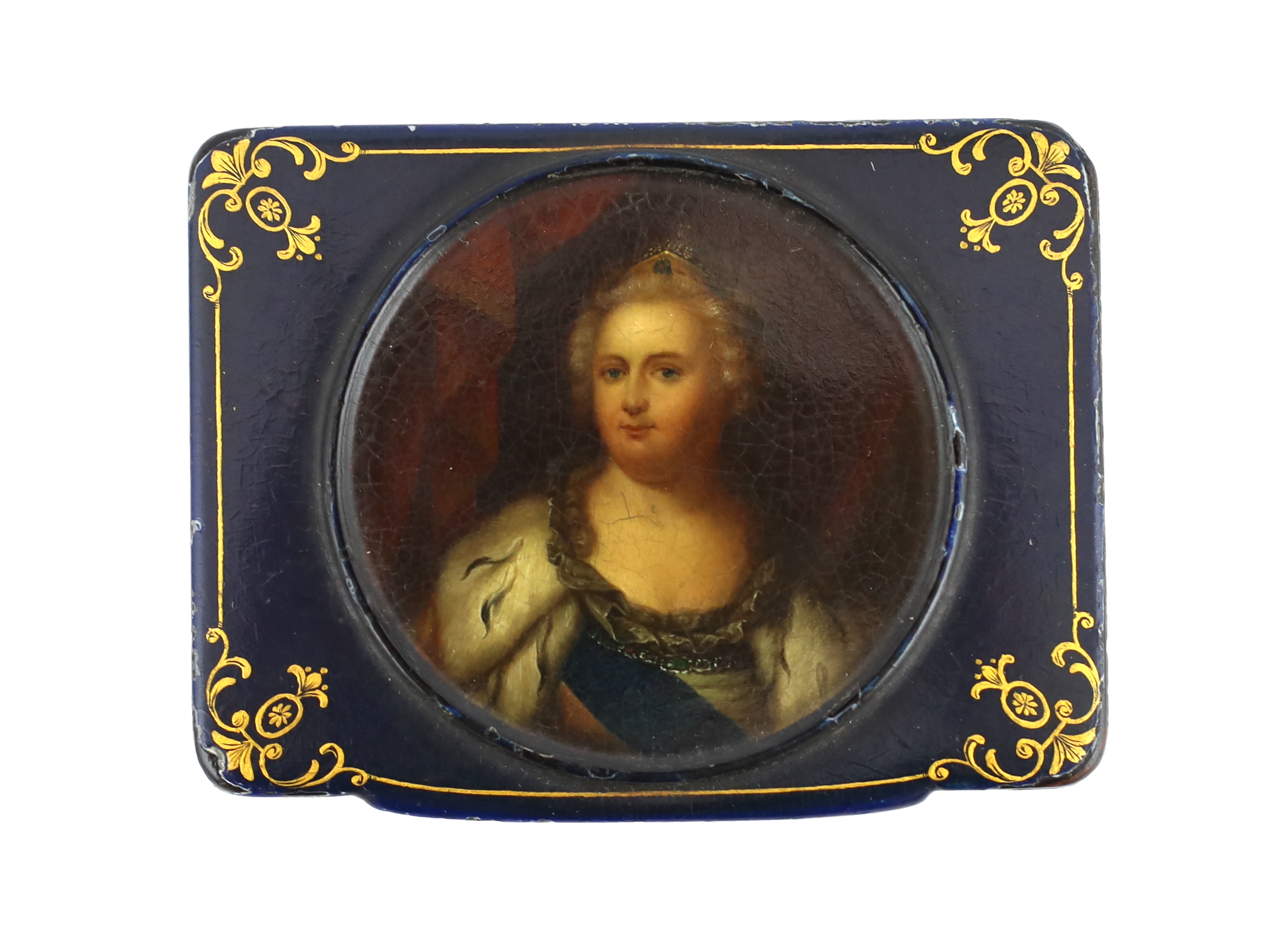 A Russian lacquer Catherine II portrait snuff box, by Lukutin, c.1840